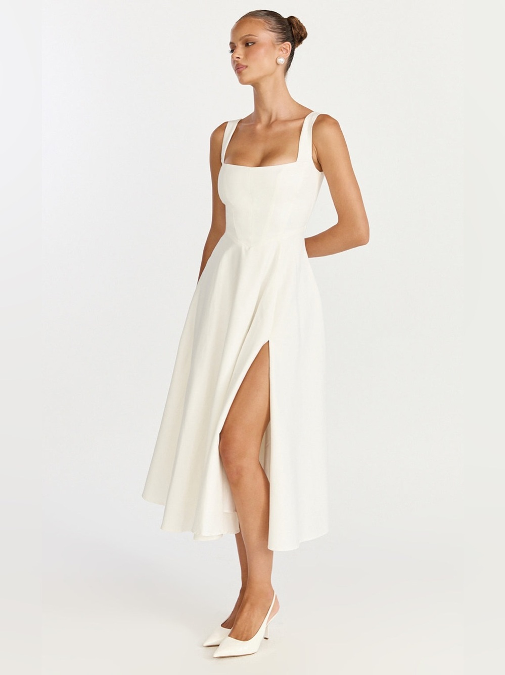 SHOWPO Bernie Square Neck Strapped Full Circle Skirt Midi Dress In White - Picture 6 of 9